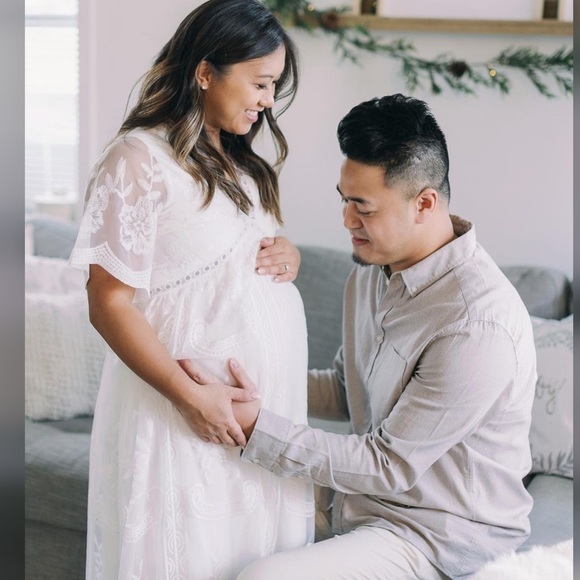 PinkBlush White Lace Mesh Overlay Maternity Dress - Picture 7 of 12